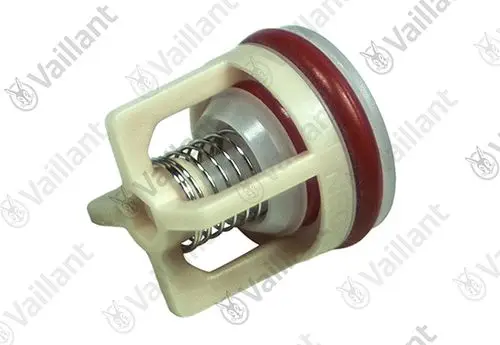 Vaillant Rückschlagventil mit einem Gehäuse aus Kunststoff und einer Metallfeder, sichtbar in rot-weißem Design, zur Anwendung in Heizungs- oder Sanitärsystemen.